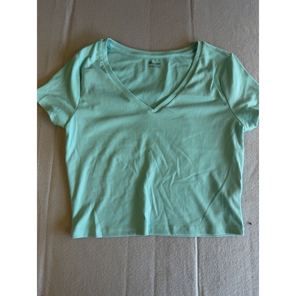 No Boundaries Girls Ribbed V-Neck Short Sleeve T-Shirt Green M (8-10)